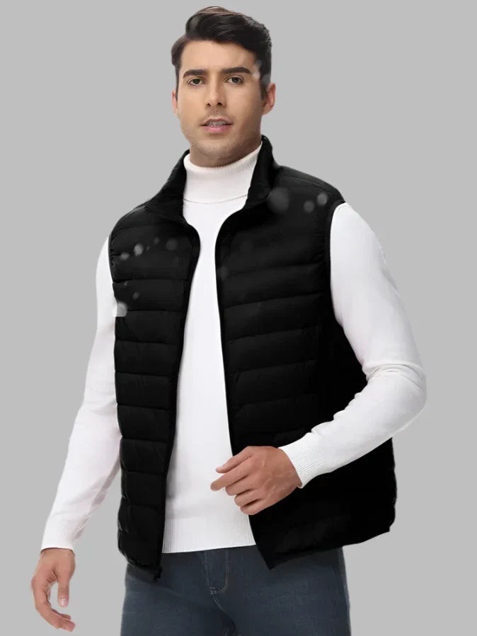 Men's black quilted insulated zip-up vest, sleeveless puffer with stand collar