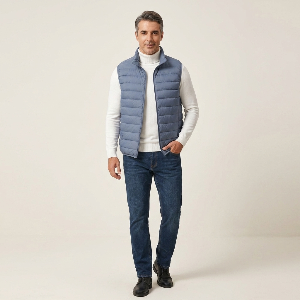 Men's quilted zip-up bodywarmer vest, light blue sleeveless insulated jacket