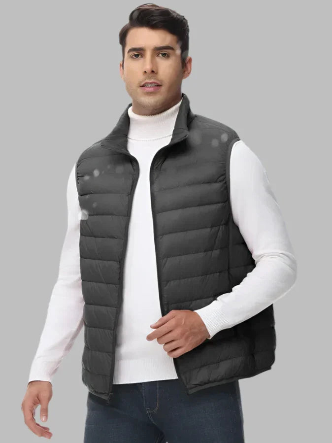 Men's dark gray quilted insulated zip-up vest, sleeveless puffer with stand collar