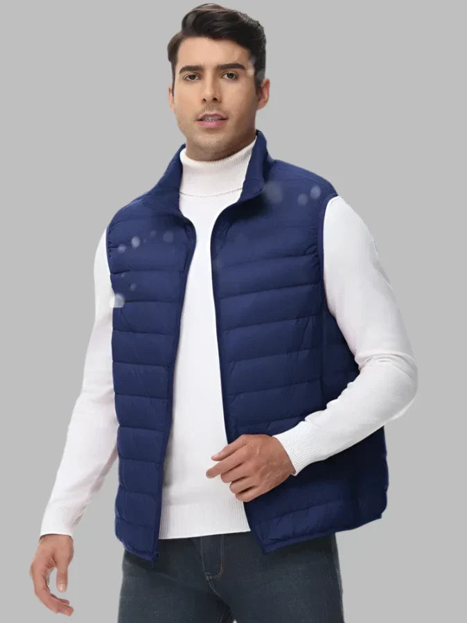 Men's navy blue quilted insulated zip-up vest, sleeveless puffer with stand collar