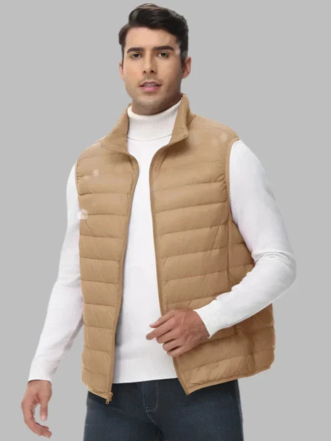 Men's tan khaki quilted insulated zip-up vest, sleeveless puffer with stand collar