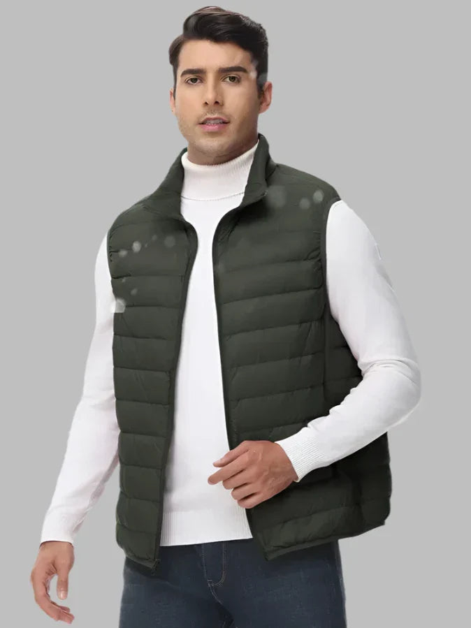 Men's olive green quilted insulated zip-up vest, sleeveless puffer with stand collar