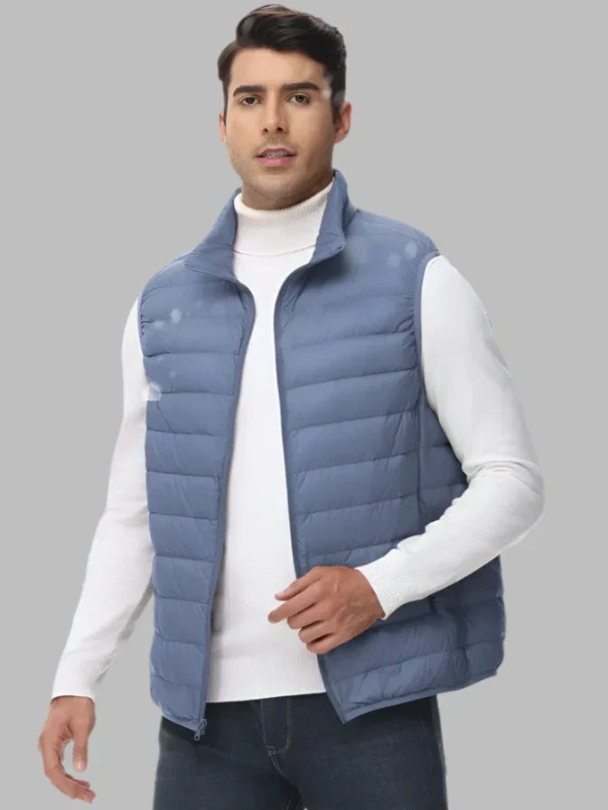 Men's light blue quilted insulated zip-up vest, sleeveless puffer with stand collar