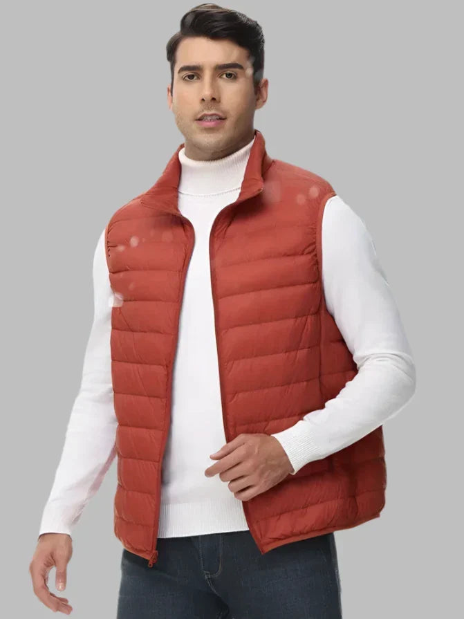 Men's brick red quilted insulated zip-up vest, sleeveless puffer with stand collar