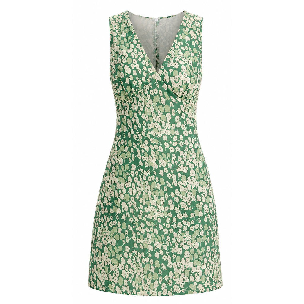 Green floral sleeveless mini A-line dress, V-neck and pleated skirt front