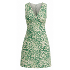 Green floral sleeveless mini A-line dress, V-neck and pleated skirt front