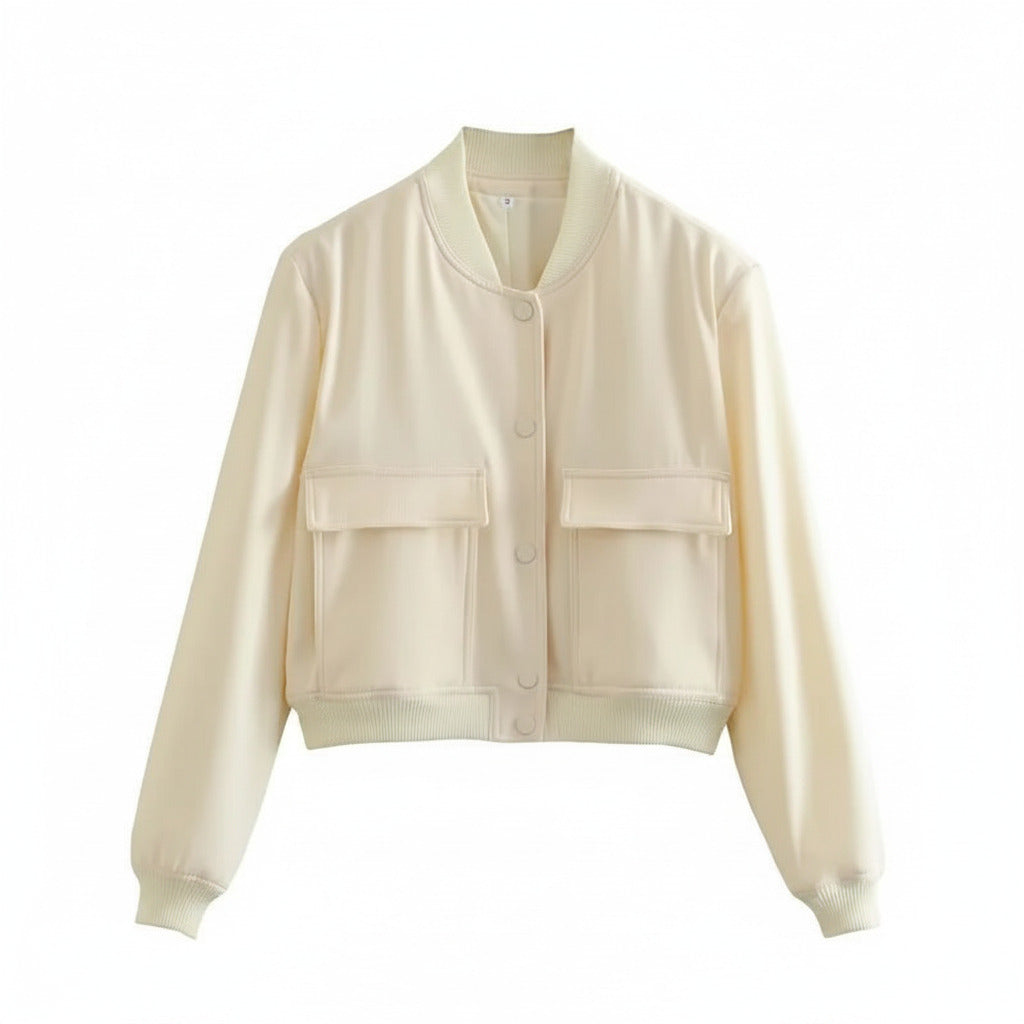 Light cream cropped bomber jacket with snap-button front and two flap chest pockets
