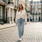 Women’s cropped bomber jacket in light apricot with snap front, ribbed trim, flap pockets