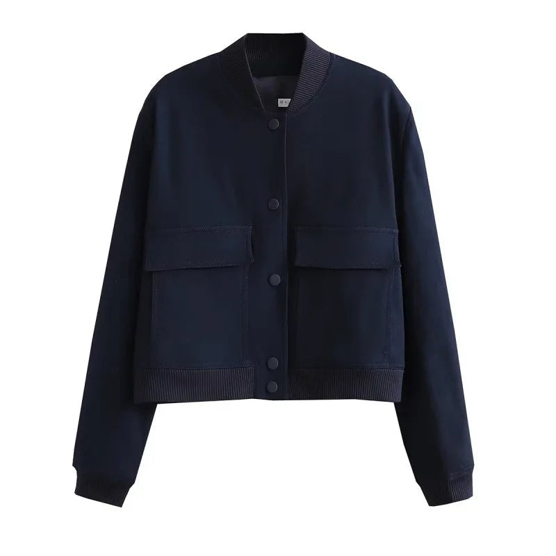 Navy cropped bomber jacket with snap-button front and flap chest pockets