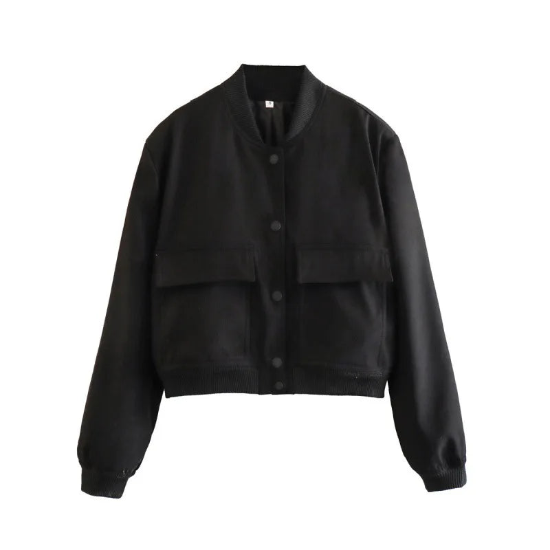 Black cropped bomber jacket with snap-button front and flap chest pockets