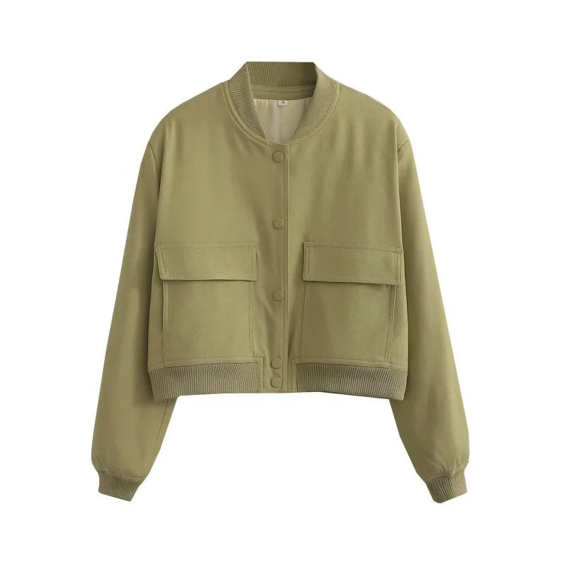 Khaki cropped bomber jacket with snap-button front and two flap chest pockets