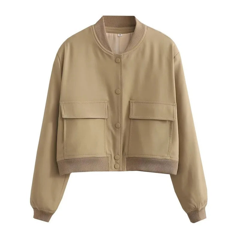 Beige cropped bomber jacket with snap-button front and two flap chest pockets