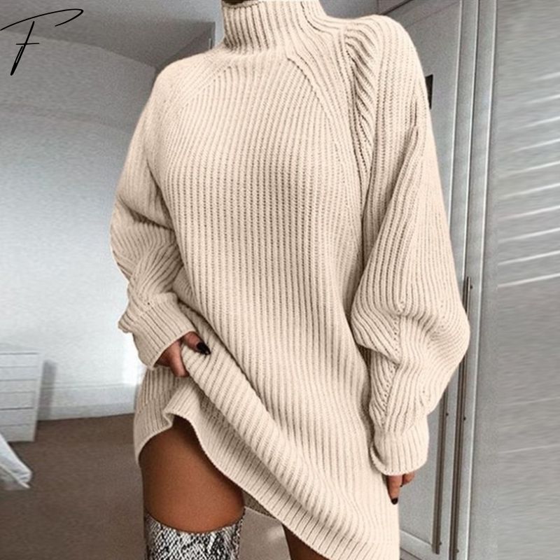 Beige ribbed sweater dress with high neck, balloon sleeves, oversized fit, knit hem slit