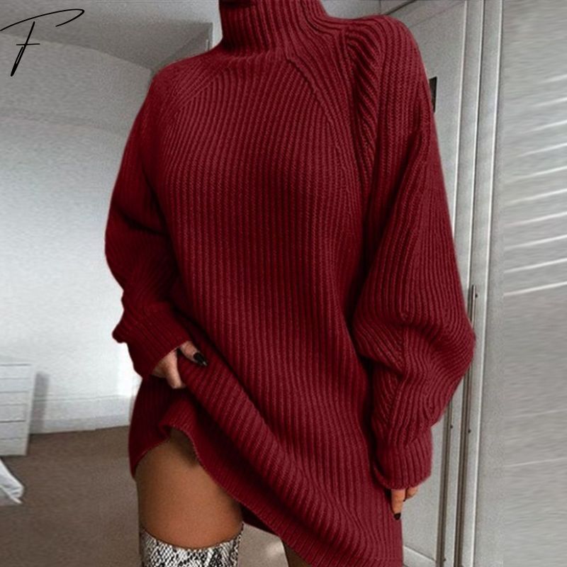 Red ribbed sweater dress with high neck, balloon sleeves, oversized fit, knit hem slit