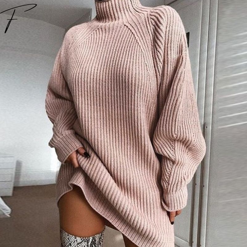Pink ribbed sweater dress with high neck, balloon sleeves, oversized fit, knit hem slit