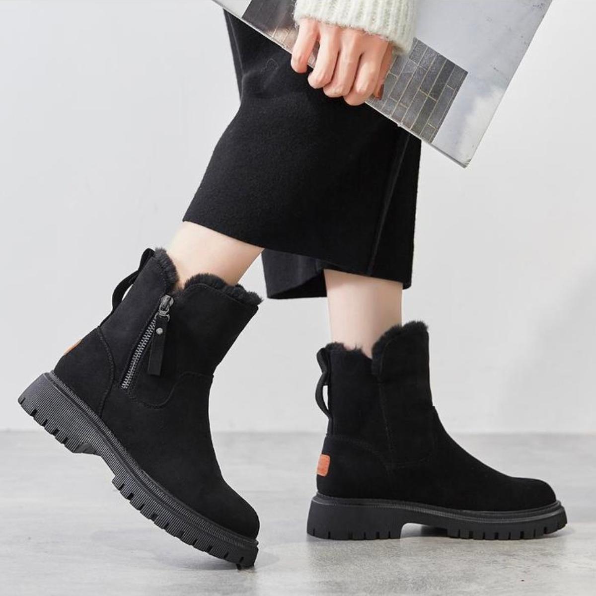 Black ankle winter boots with shearling lining, side zip, and chunky non-slip sole