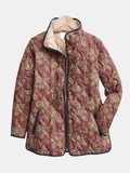 Dark pink floral print jacket with button front, stand collar, long sleeves