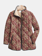 Dark pink floral print jacket with button front, stand collar, long sleeves