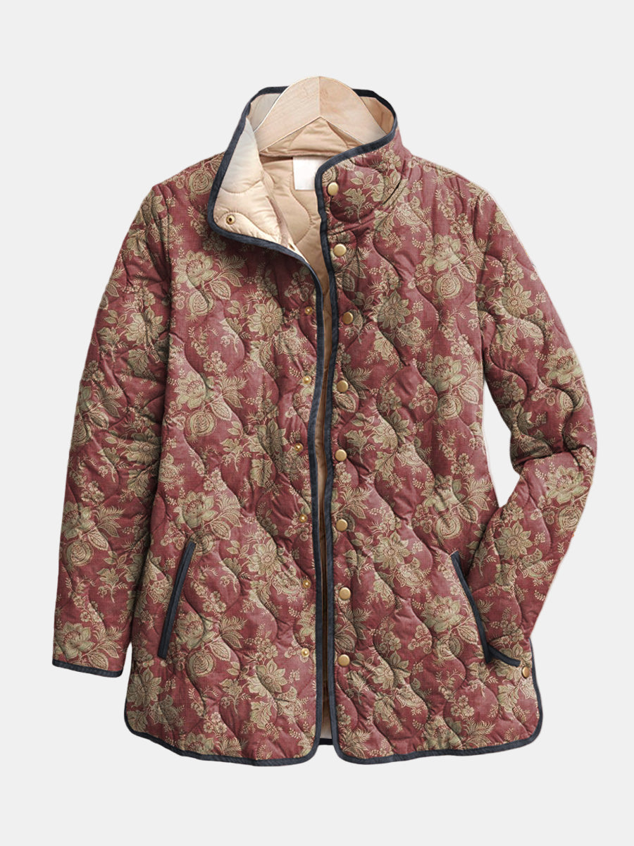 Dark pink floral print jacket with button front, stand collar, long sleeves