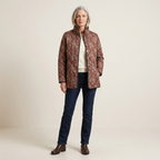 Women's dark pink floral quilted jacket with stand collar and side pockets