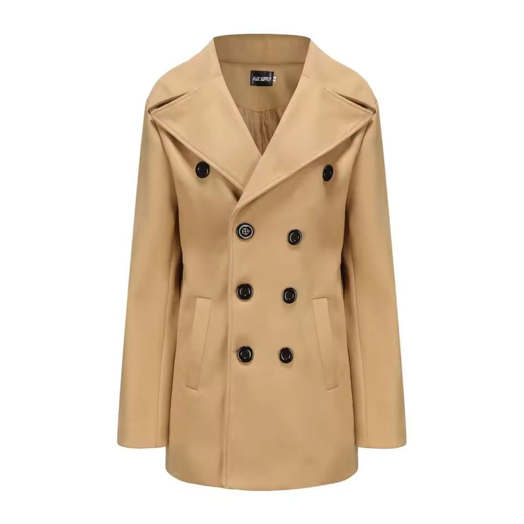 Women's wool double-breasted peacoat in tan with black buttons and notch lapels