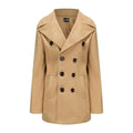 Women's wool double-breasted peacoat in tan with black buttons and notch lapels
