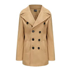 Women's wool double-breasted peacoat in tan with black buttons and notch lapels