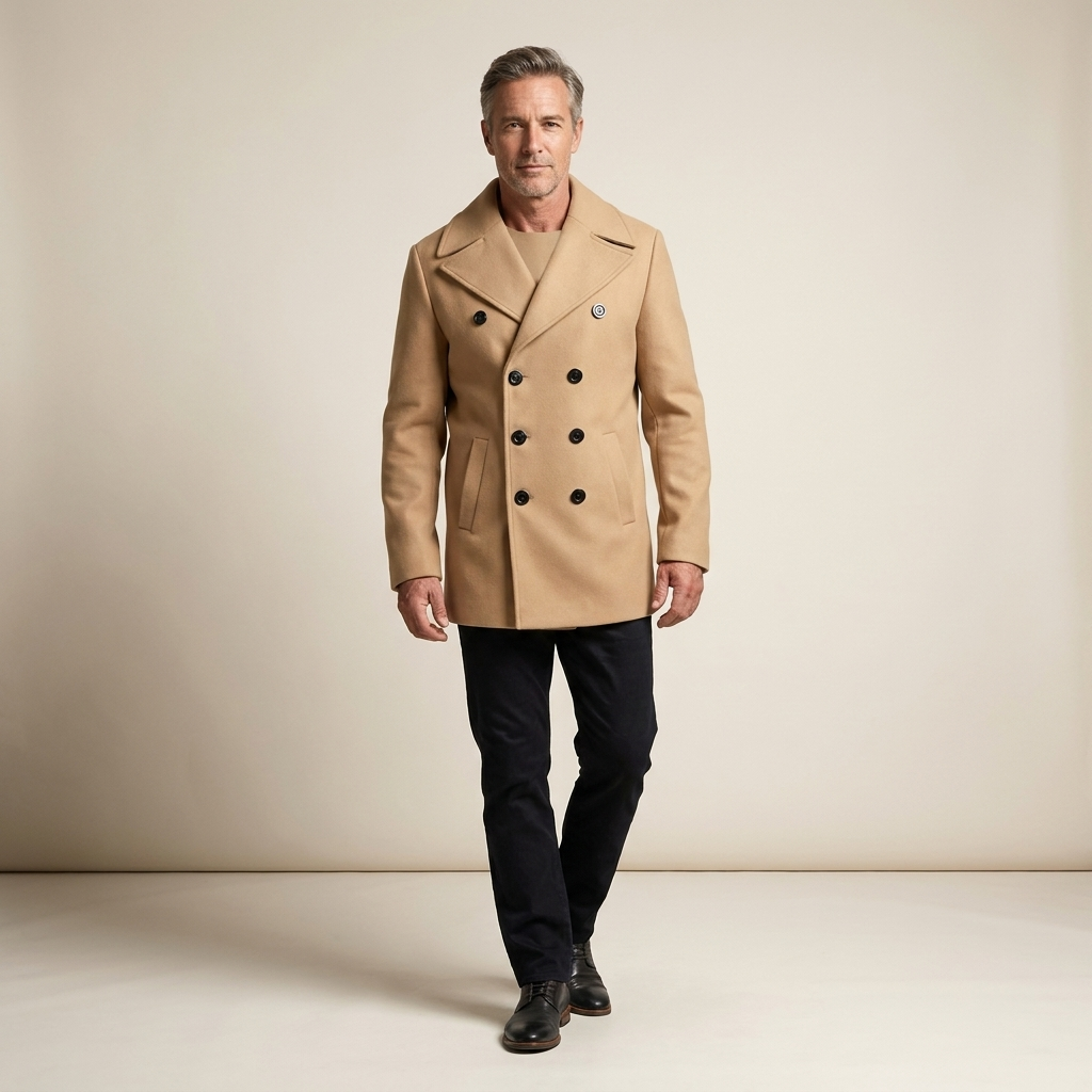 Men's double-breasted peacoat in tan with black buttons and notch lapels
