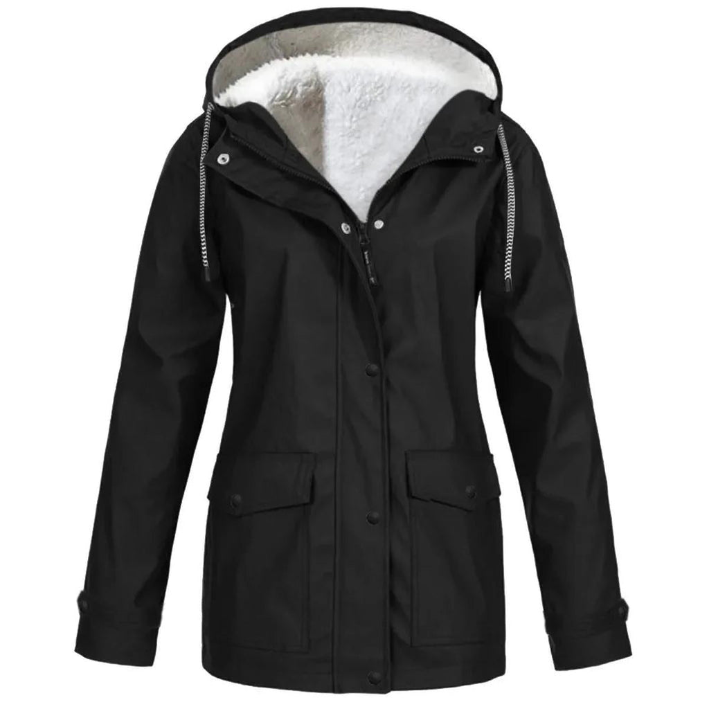 Women’s waterproof outdoor jacket with hood and fleece lining, black parka
