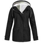Women’s waterproof outdoor jacket with hood and fleece lining, black parka