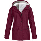 Women’s waterproof outdoor jacket with hood and fleece lining, deep burgundy parka