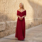 Women's off-shoulder pleated maxi dress, red draped neckline knot, flowing skirt