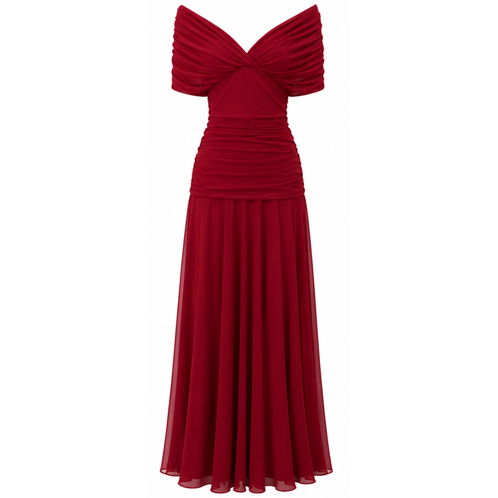 Women's off-shoulder pleated maxi dress in red, twisted drape neckline and pleated hem