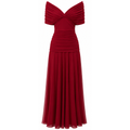 Women's off-shoulder pleated maxi dress in red, twisted drape neckline and pleated hem