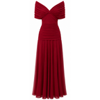 Women's off-shoulder pleated maxi dress in red, twisted drape neckline and pleated hem