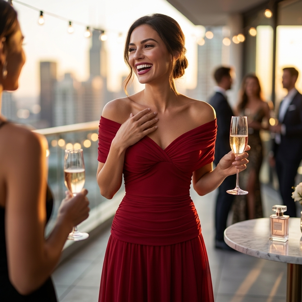 Off-shoulder pleated red maxi dress with ruched bodice and draped neckline