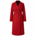 Women’s double-breasted A-line trench coat in red, long sleeves, notched lapels