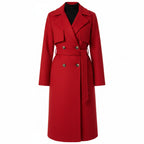 Women’s double-breasted A-line trench coat in red, long sleeves, notched lapels