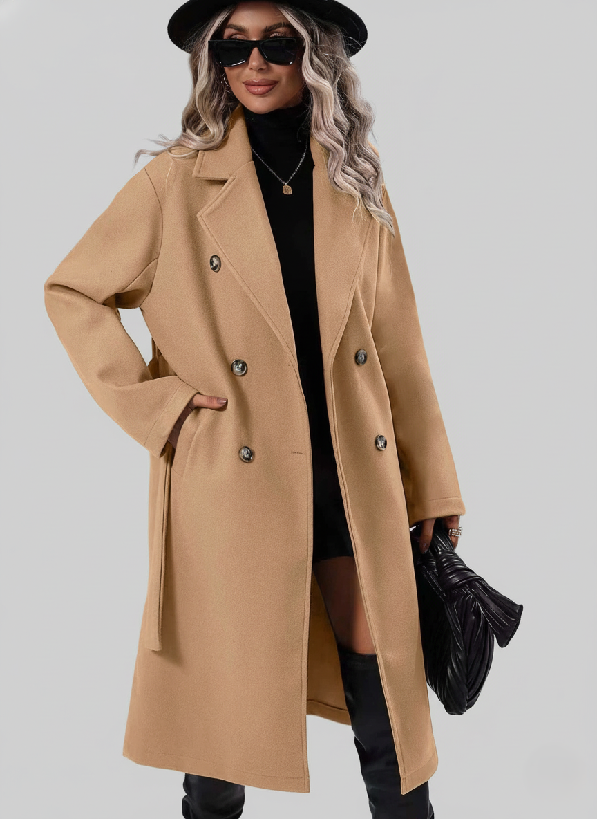 Women’s double-breasted A-line trench coat in khaki/tan, long sleeves, notched lapels
