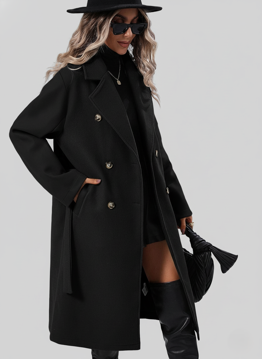Women’s double-breasted A-line trench coat in black, long sleeves, notched lapels