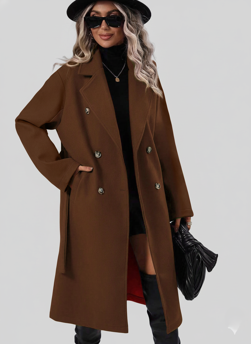 Women’s double-breasted A-line trench coat in brown, long sleeves, notched lapels