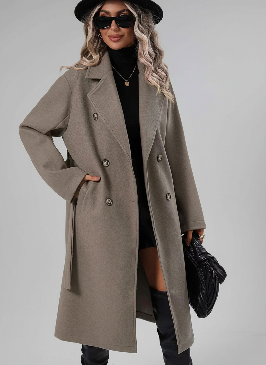 Women’s double-breasted A-line trench coat in light gray, long sleeves, notched lapels