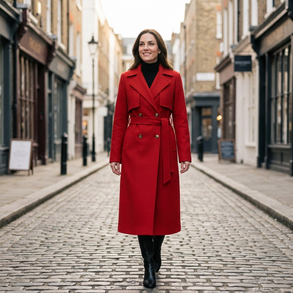 Women's red double-breasted trench coat with waist belt, tailored A-line fit