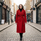 Women's red double-breasted trench coat with waist belt, tailored A-line fit
