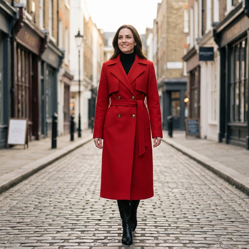 Women's red double-breasted trench coat with waist belt, tailored A-line fit