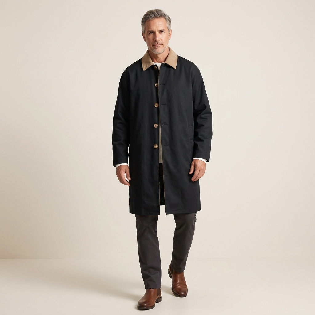 Men's long trench coat with contrast collar, dark fabric and button front