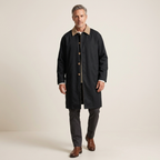Men's long trench coat with contrast collar, dark fabric and button front