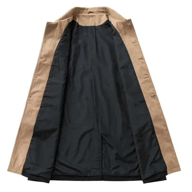 Long coat interior view with tan lining panels and dark inner fabric