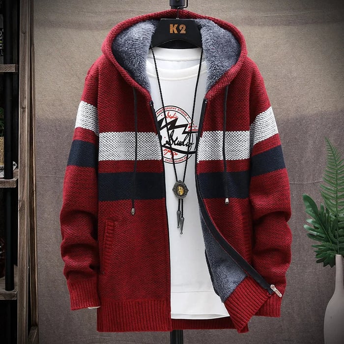 Men's zip-front hoodie in burgundy with navy and white plaid stripes, plush hood lining