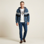 Men's navy sporty zip hoodie with striped design, hood, and side pockets